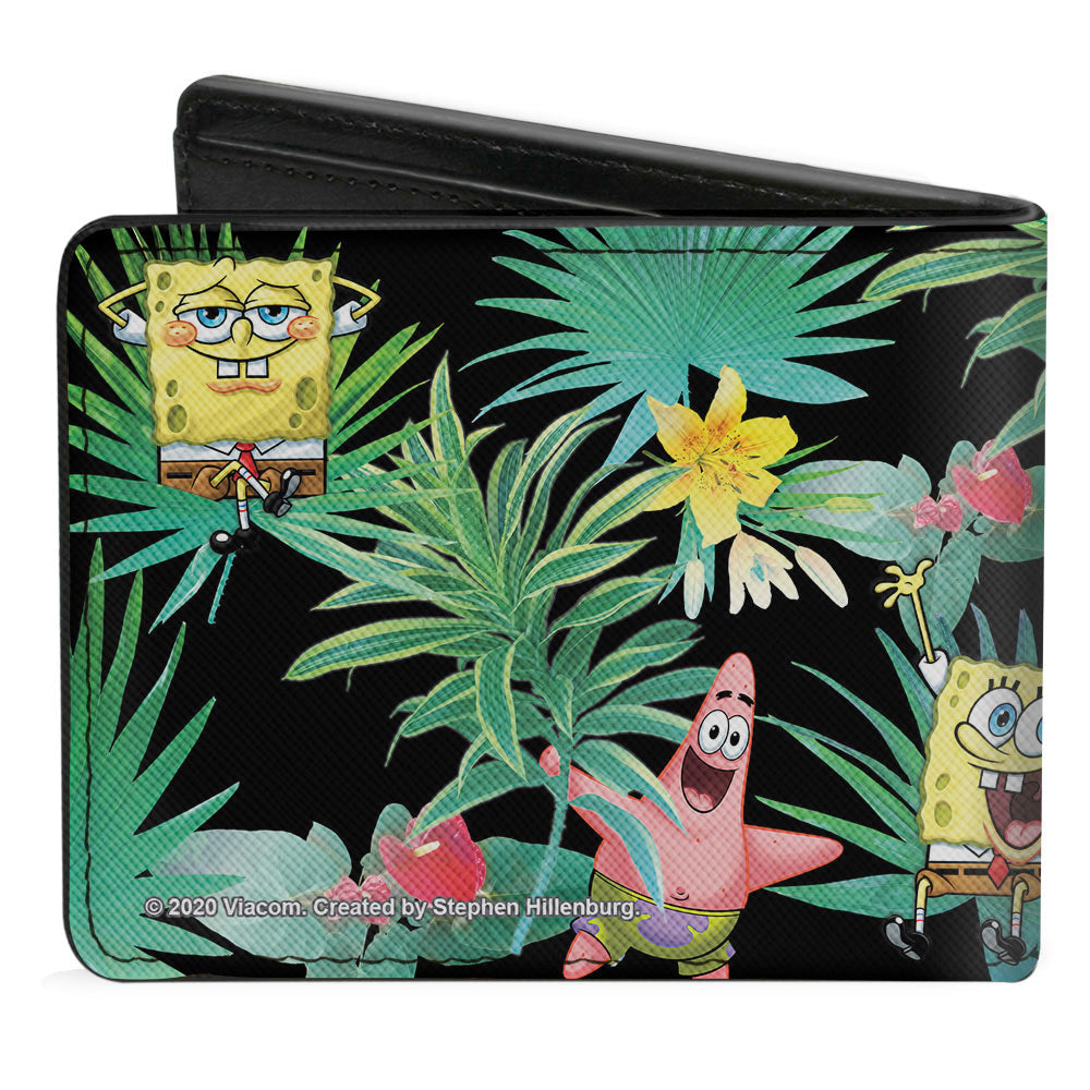 Bi-Fold Wallet - SpongeBob Squarepants and Patrick Starfish Tropical Fauna Collage Black