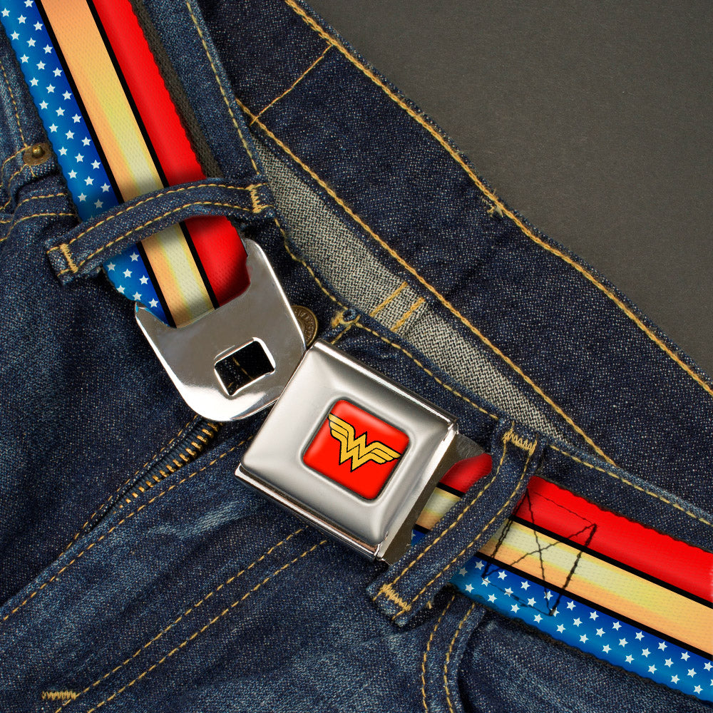 Wonder Woman Logo Full Color Red Seatbelt Belt - Wonder Woman Stripe/Stars Red/Gold/Blue/White Webbing