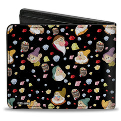 Bi-Fold Wallet - Snow White the Seven Dwarfs Expressions and Diamonds Scattered Black Multi Color