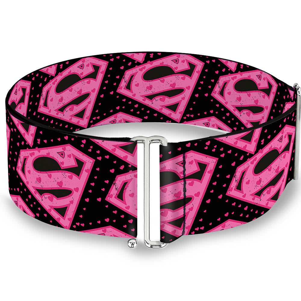 Cinch Waist Belt - Diagonal Superman Logo w Hearts Black Pink