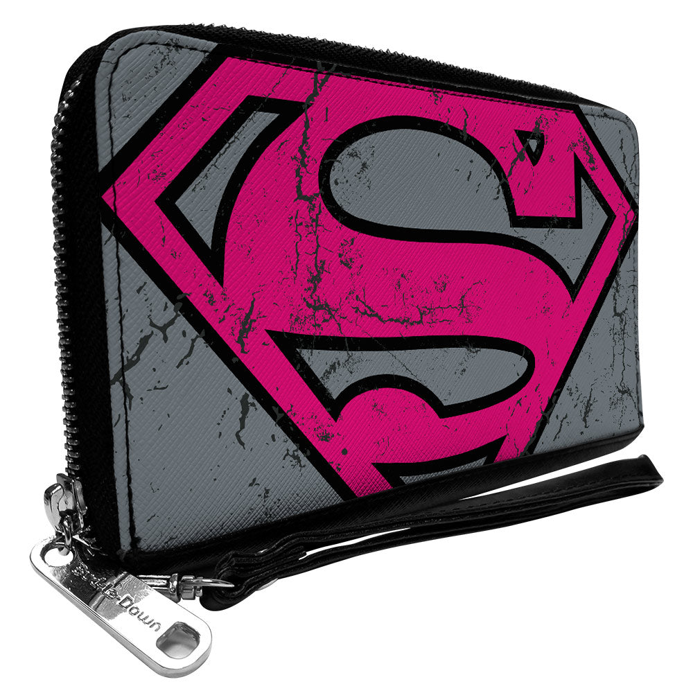 Women&#39;s PU Zip Around Wallet Rectangle - Superman Shield CLOSE-UP Weathered Grays Black Pink