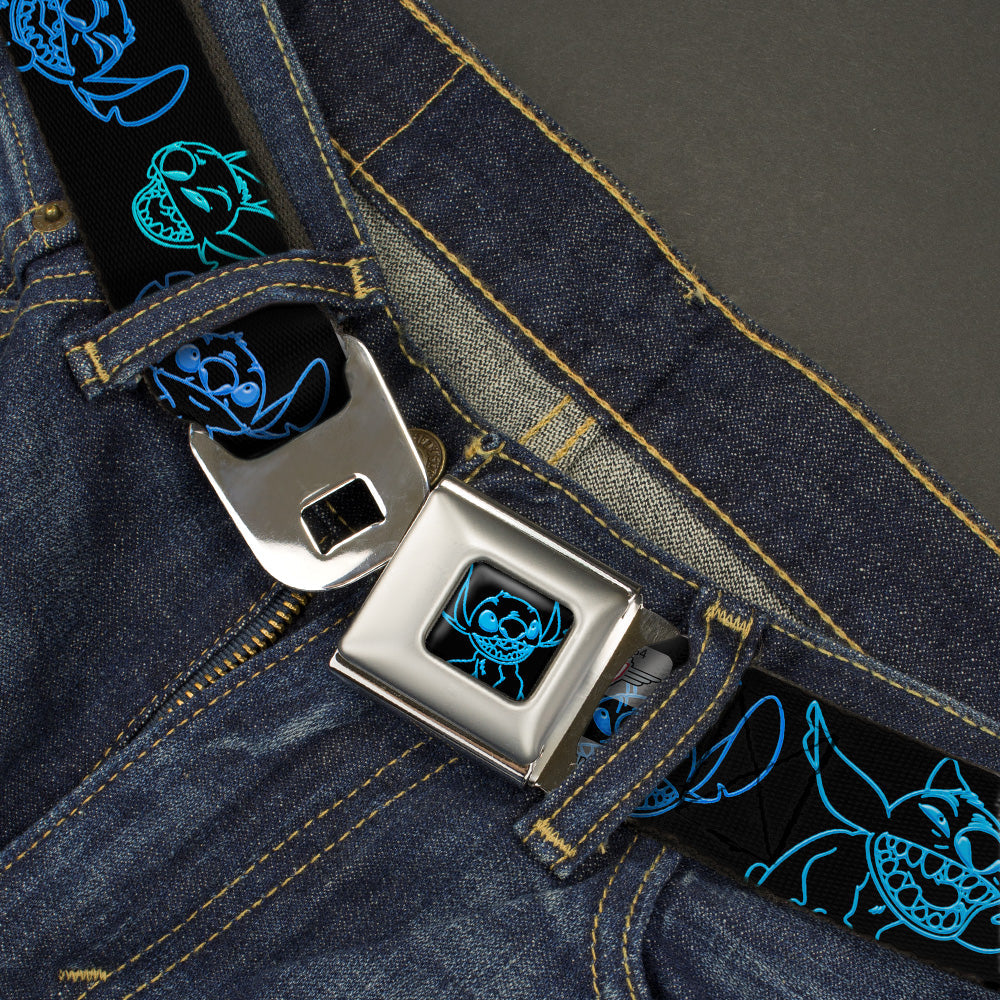 Stitch Pose Full Color Black Neon Blue Seatbelt Belt - Electric Stitch Poses Black/Neon Blue Webbing