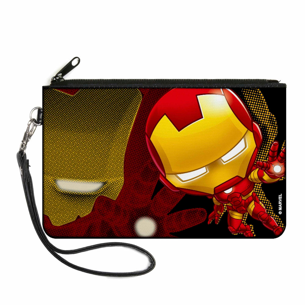 MARVEL AVENGERS Canvas Zipper Wallet - SMALL - Chibi Iron Man Repulsor Pose Halftone Black Reds Yellows