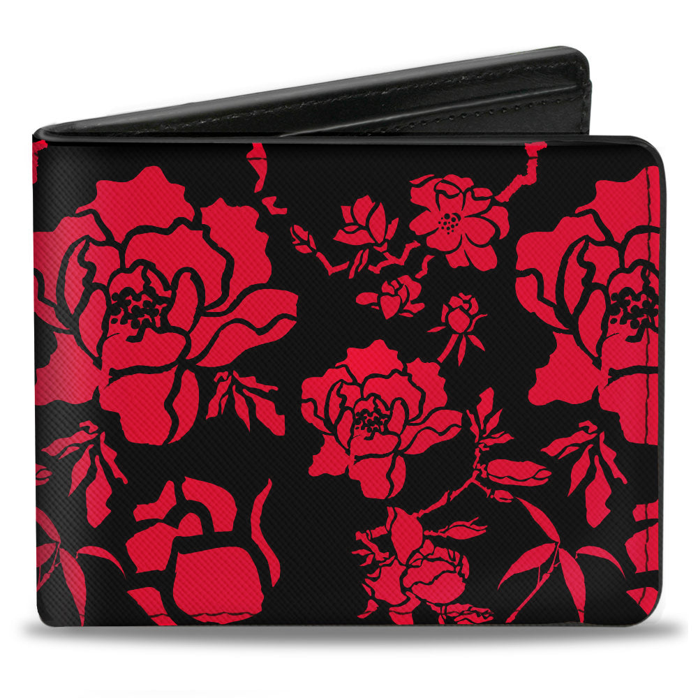 Bi-Fold Wallet - Mulan Flower Blossoms + Mushu Cri-kee Icon Black Red Gold