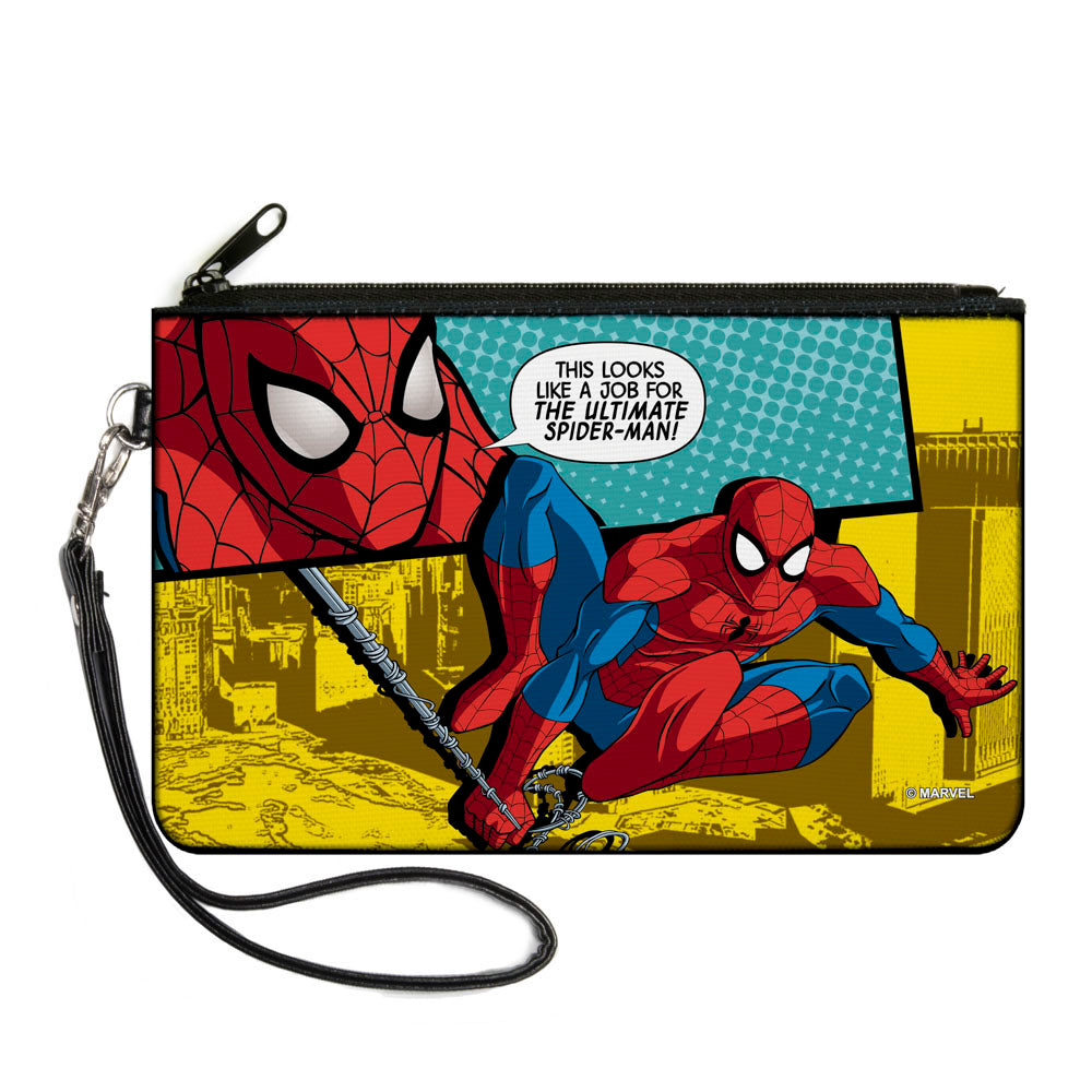 MARVEL UNIVERSE Canvas Zipper Wallet - LARGE - Spider-Man Face Action Pose Quote Bubble THIS LOOKS LIKE A JOB FOR THE ULTIMATE SPIDER-MAN! Teals Yellows