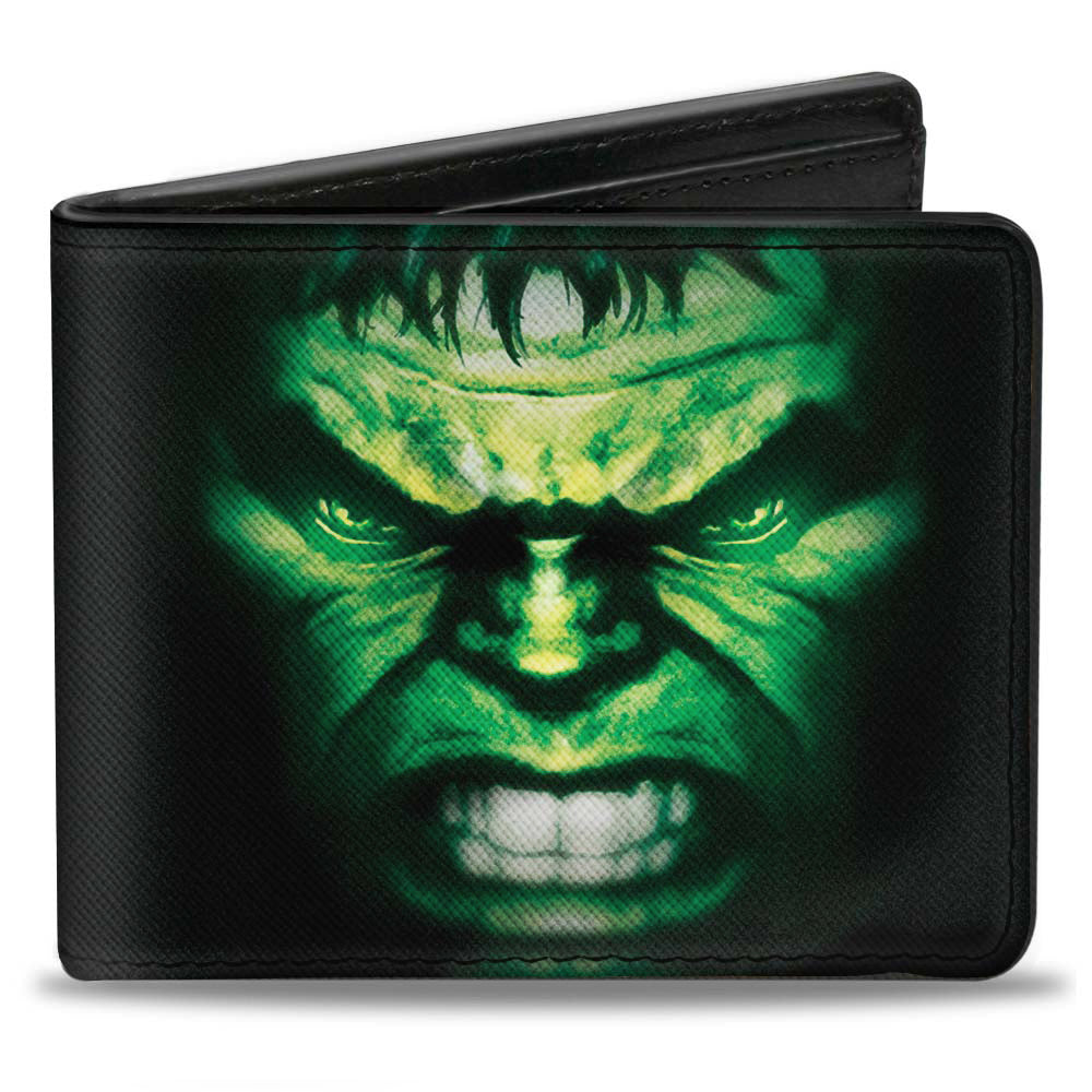 MARVEL AVENGERS Bi-Fold Wallet - THE HULK Face CLOSE-UP2 + Text Black Greens Purple