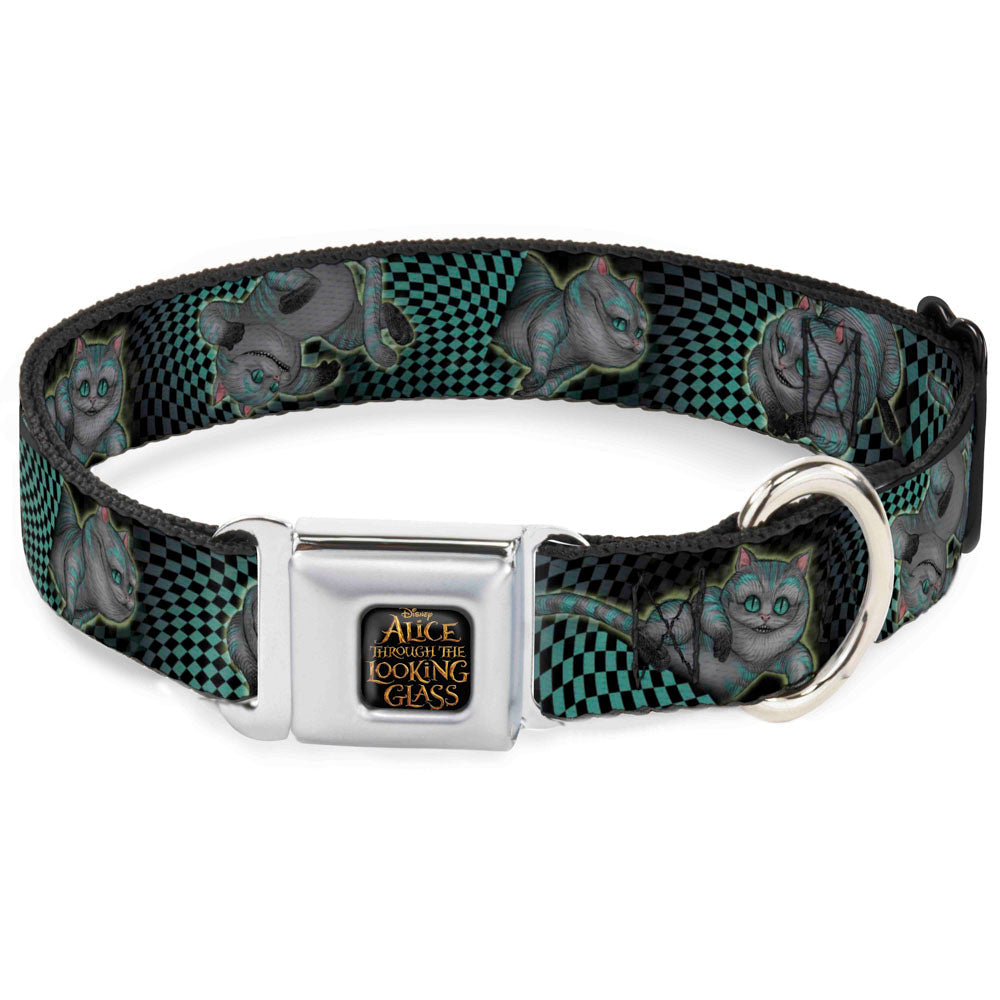 ALICE THROUGH THE LOOKING GLASS Logo Full Color Black/Gold Seatbelt Buckle Collar - Cheshire Cat 4-Poses Checkers Teal/Black