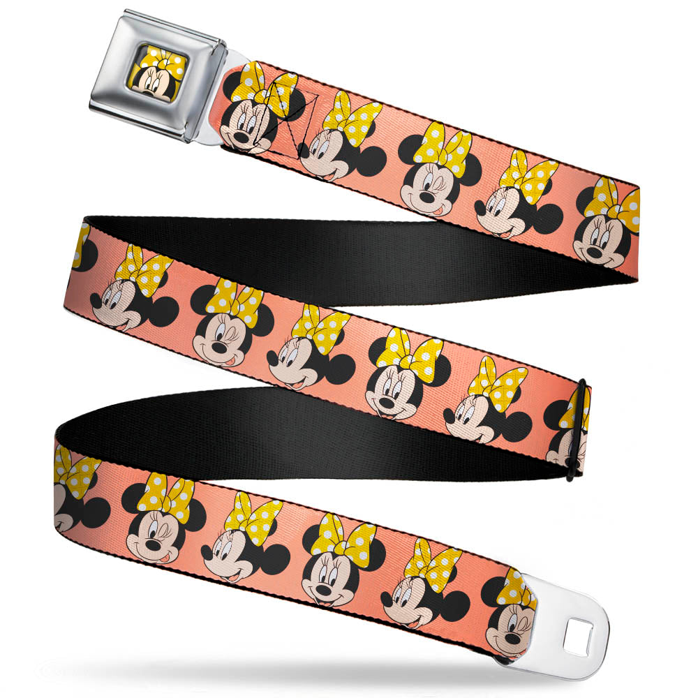 Minnie Mouse w/Bow CLOSE-UP Full Color Yellow/White Seatbelt Belt - Minnie Mouse Yellow Bow Expressions Peach Webbing