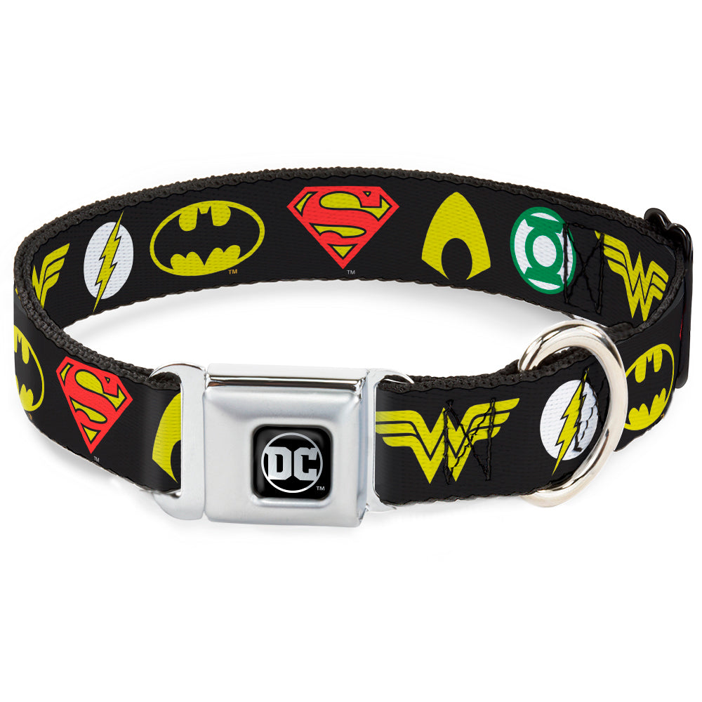 DC Round Logo Black/Silver Seatbelt Buckle Collar - Justice League 6-Superhero Logos Black