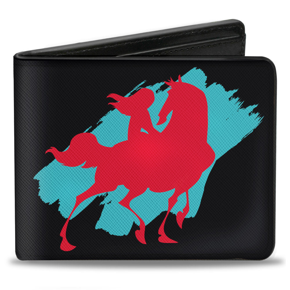 Bi-Fold Wallet - Mulan Sitting on Horse Pose Silhouette + Logo Black Turquoise Red