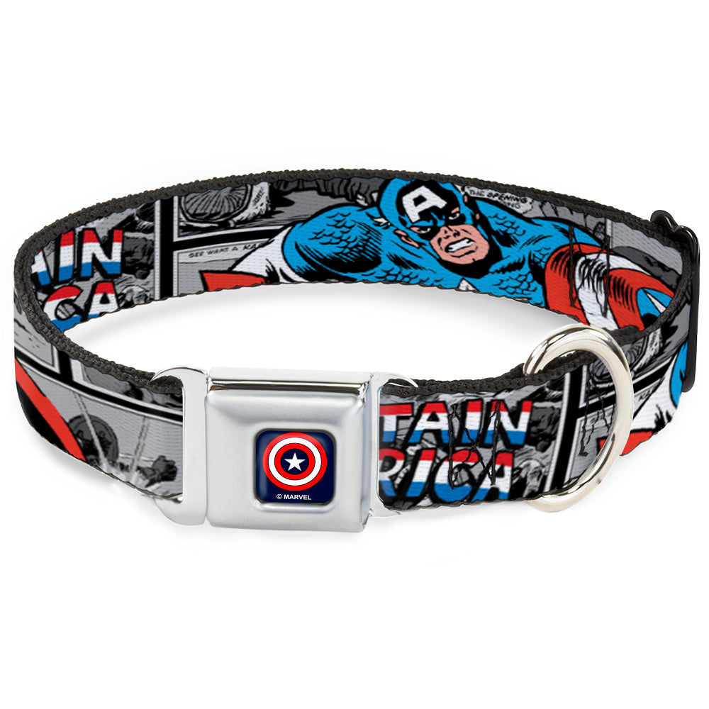 Captain America Shield Navy Seatbelt Buckle Collar - CAPTAIN AMERICA 2-Poses/Comic Blocks Grays/Red/White/Blue