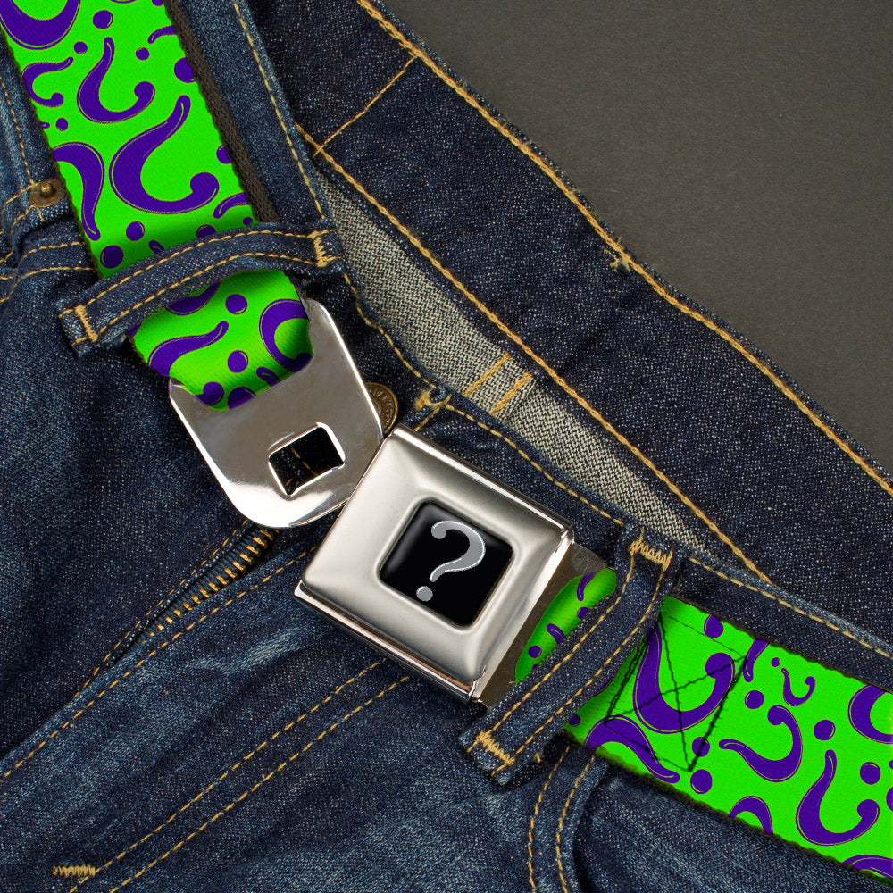 Riddler "?" Black Silver Seatbelt Belt - Question Mark Scattered Lime Green/Purple Webbing