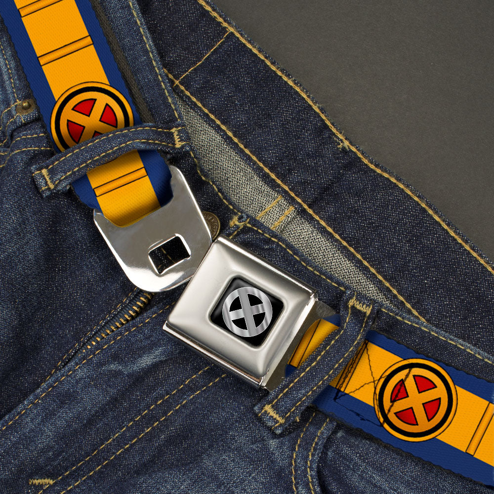 X-Men Logo Black/Silver Seatbelt Belt - X-Men Cyclops Utility Strap Blue/Gold/Black/Red Webbing