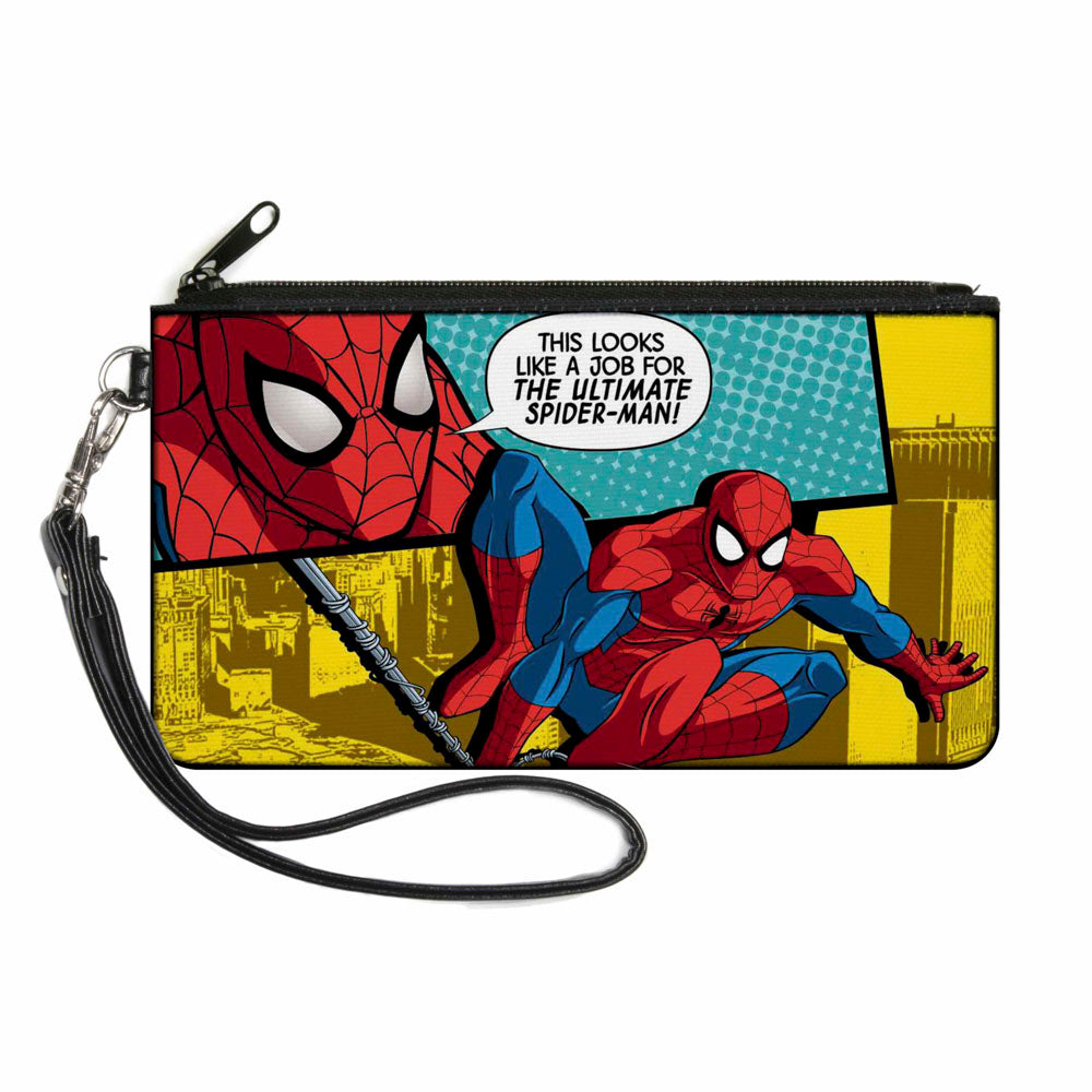 MARVEL UNIVERSE Canvas Zipper Wallet - SMALL - Spider-Man Face Action Pose Quote Bubble THIS LOOKS LIKE A JOB FOR THE ULTIMATE SPIDER-MAN! Teals Yellows