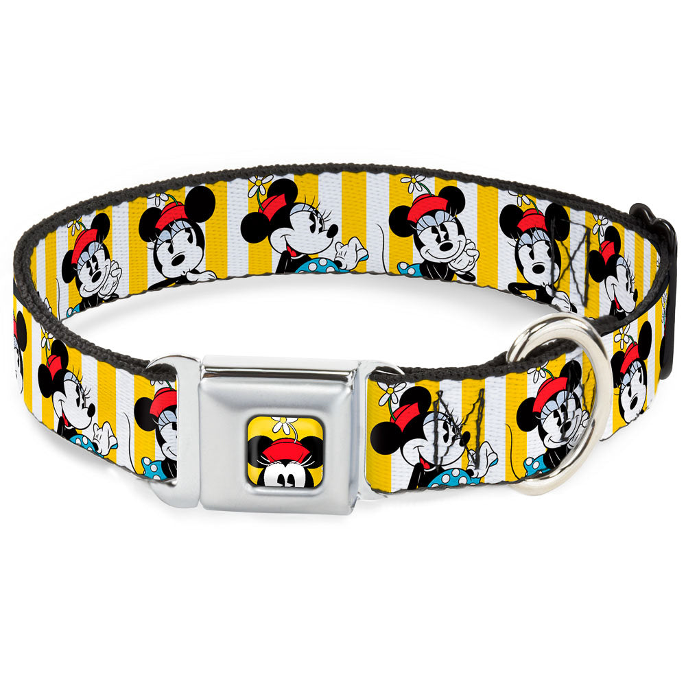 Minnie Mouse w Hat CLOSE-UP Full Color Yellow Seatbelt Buckle Collar - Minnie Mouse w/Hat Poses Stripe Yellow/White