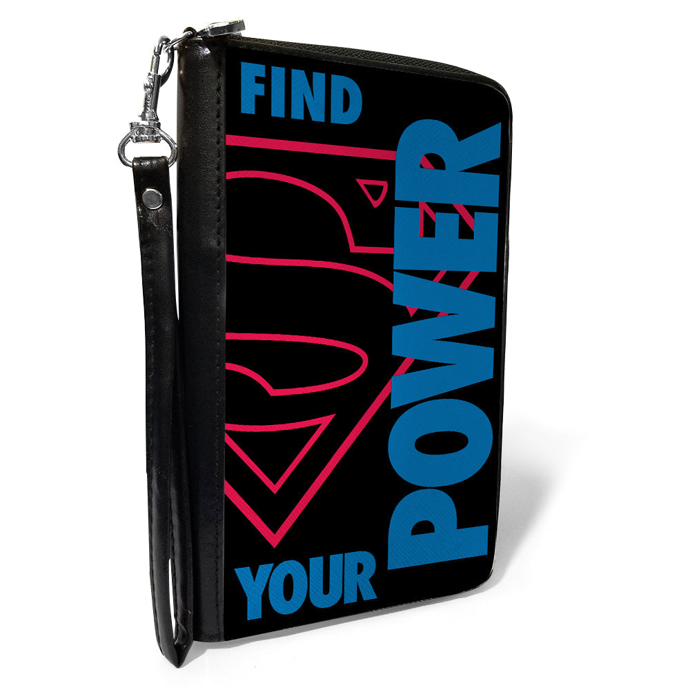 Women&#39;s PU Zip Around Wallet Rectangle - Superman Shield FIND YOUR POWER Black Red Blue