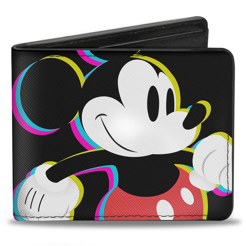 Bi-Fold Wallet - CMYK Mickey Mouse Walking Pose + MICKEY MOUSE Pixel Text Black Multi Neon