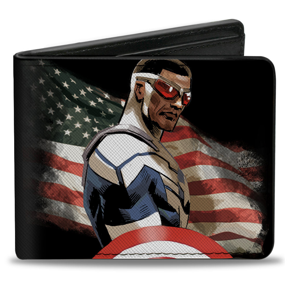 MARVEL AVENGERS Bi-Fold Wallet - Captain America Sam Wilson American Flag Pose Black