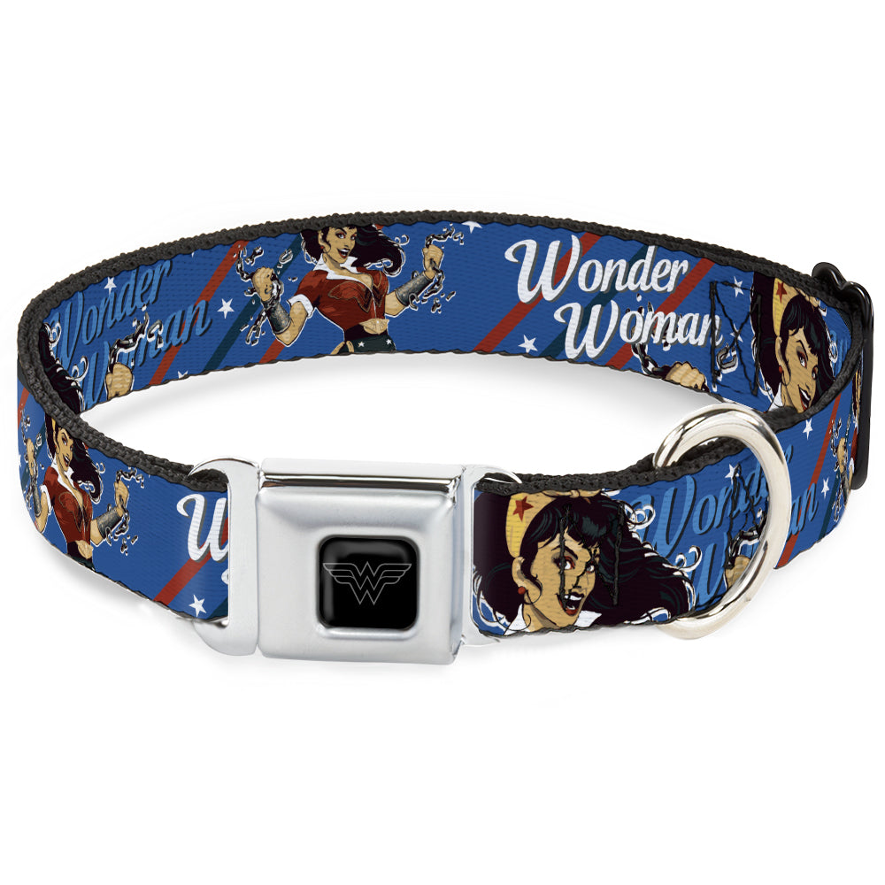 Wonder Woman Logo Black/Silver Seatbelt Buckle Collar - WONDER WOMAN/Bombshell Pose Blue/Red/White