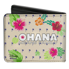 Bi-Fold Wallet - Stitch Winking Pose + OHANA MEANS FAMILY Tropical Icons Flora Cream Blue Multi Color