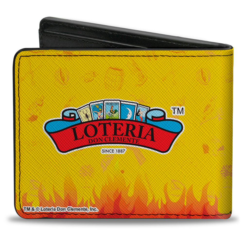 Bi-Fold Wallet - Loteria EL DIABLITO Devil Pose + Loteria Logo Flame Yellow Reds