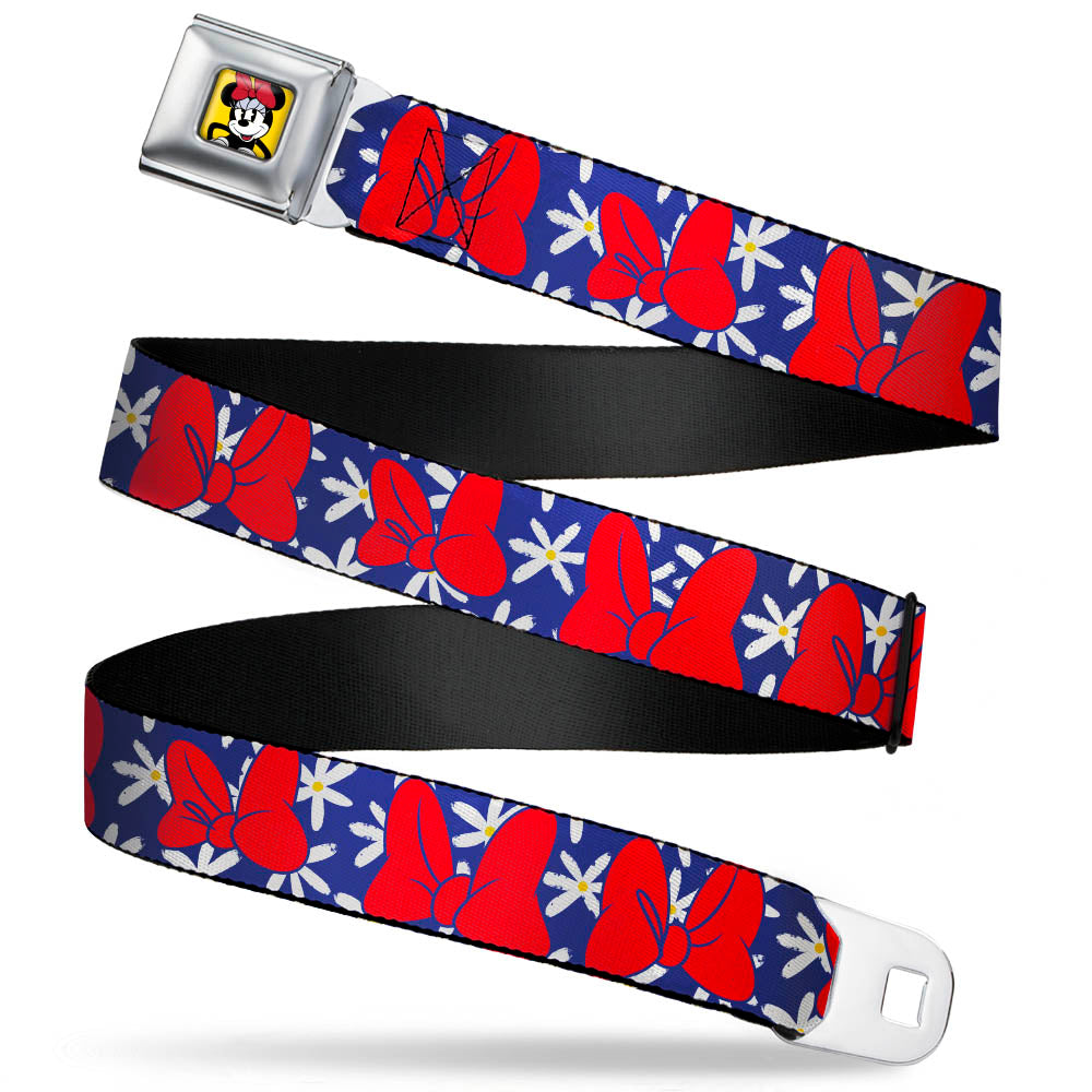 Minnie Mouse Style Smiling Pose Full Color Yellow Seatbelt Belt - Minnie Mouse Bows/Daisies Blue/White/Red Webbing
