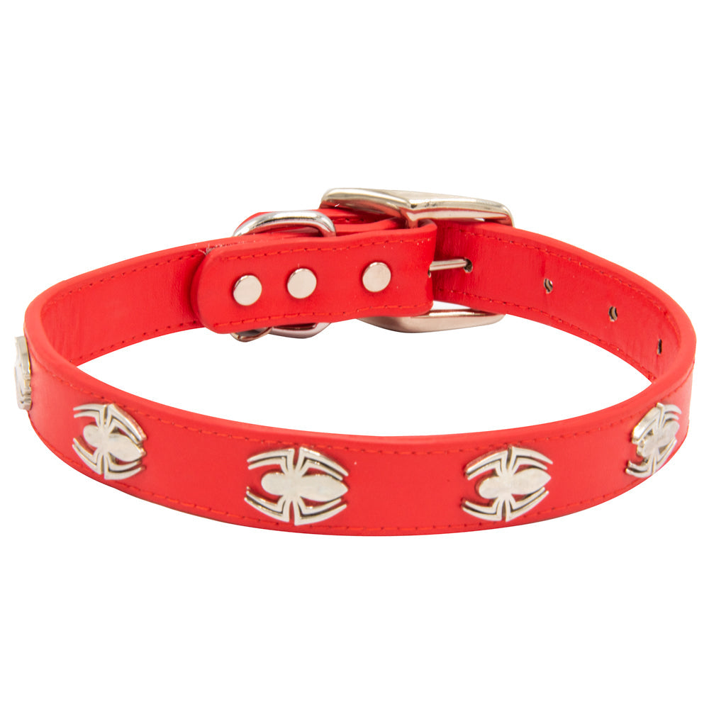 Vegan Leather Dog Collar - Spider-Man Red with Spider Embellishments &amp; Metal Charm