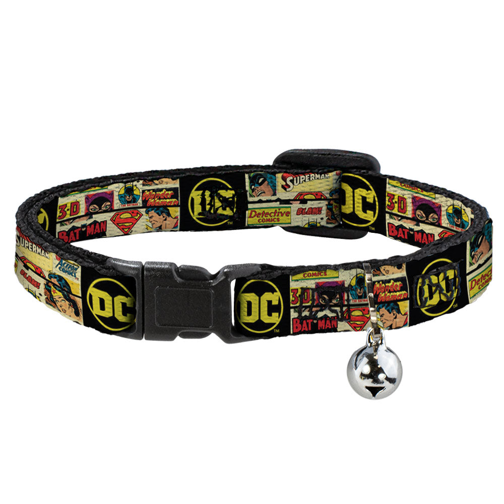 Cat Collar Breakaway with Bell - Vintage DC Comics Superhero and Logos Collage Black - NARROW Fits 8.5-12&quot;
