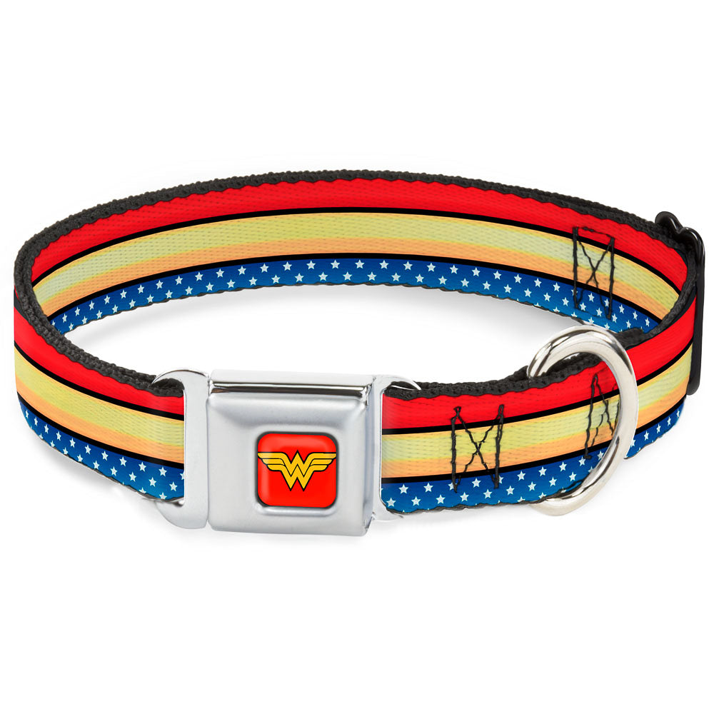 Wonder Woman Logo Full Color Red Seatbelt Buckle Collar - Wonder Woman Stripe/Stars Red/Gold/Blue/White