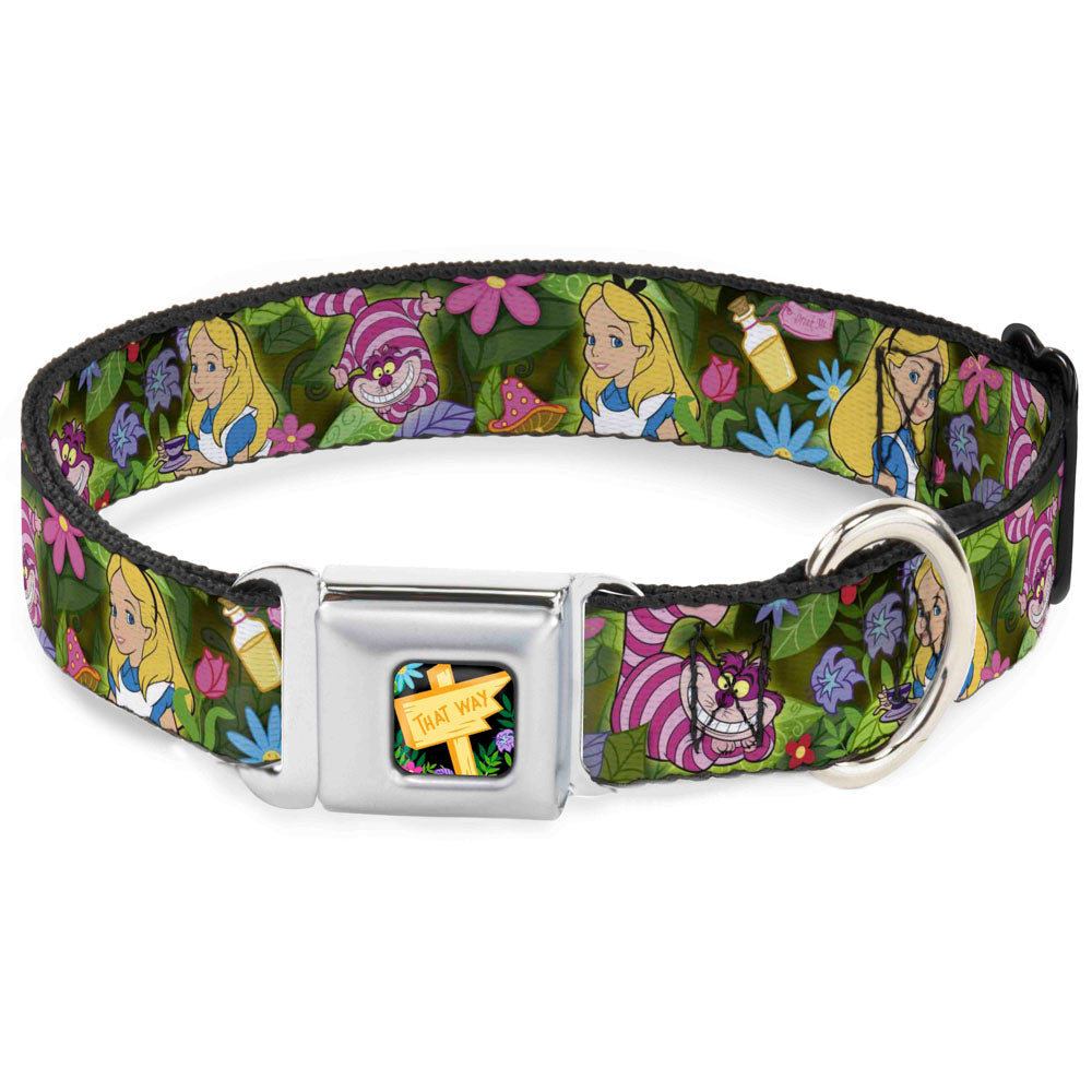 Alice in Wonderland THIS WAY Sign/Flowers Full Color Seatbelt Buckle Collar - Alice &amp; Cheshire Cat Poses/Flowers