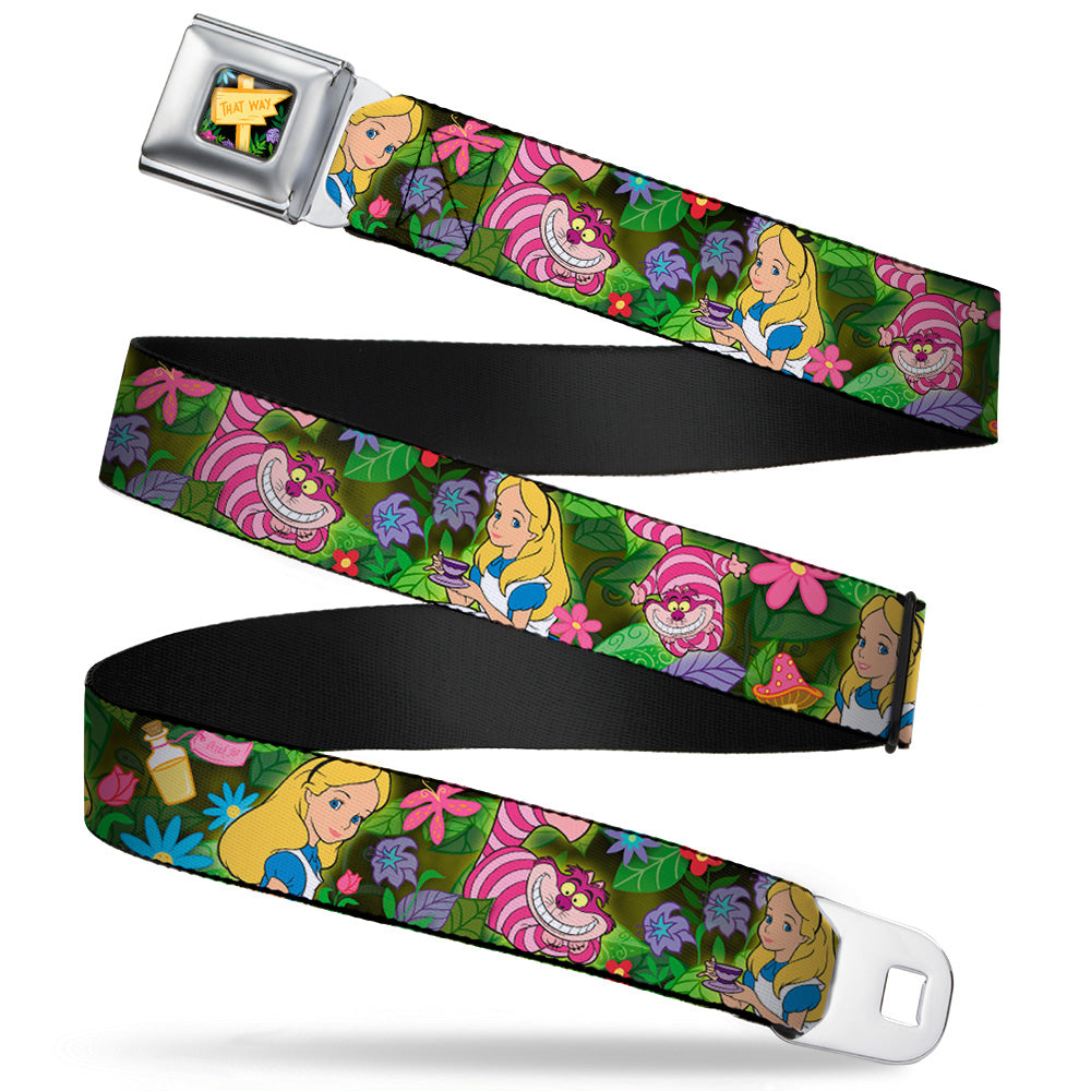 Alice in Wonderland THIS WAY Sign Flowers Full Color Seatbelt Belt - Alice &amp; Cheshire Cat Poses/Flowers Webbing