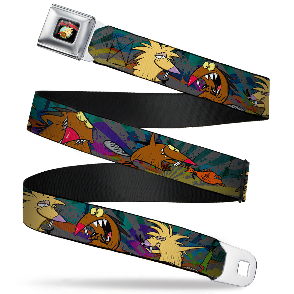 Angry Beavers Logo Full Color Black Seatbelt Belt - Daggett &amp; Norbert Poses3 Rays Grays/Multi Color Webbing
