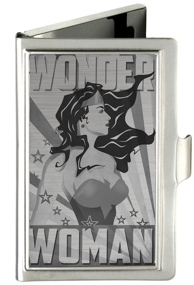 Business Card Holder - SMALL - WONDER WOMAN Pose Stars &amp; Rays Brushed Silver