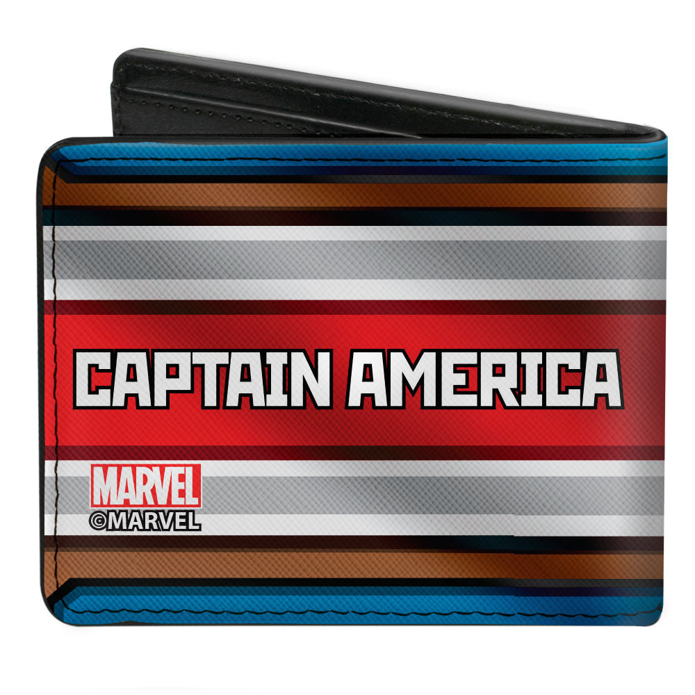 MARVEL AVENGERS Bi-Fold Wallet - Captain America &quot;A&quot; Logo + Text Stripe Blues Brown Grays Reds White