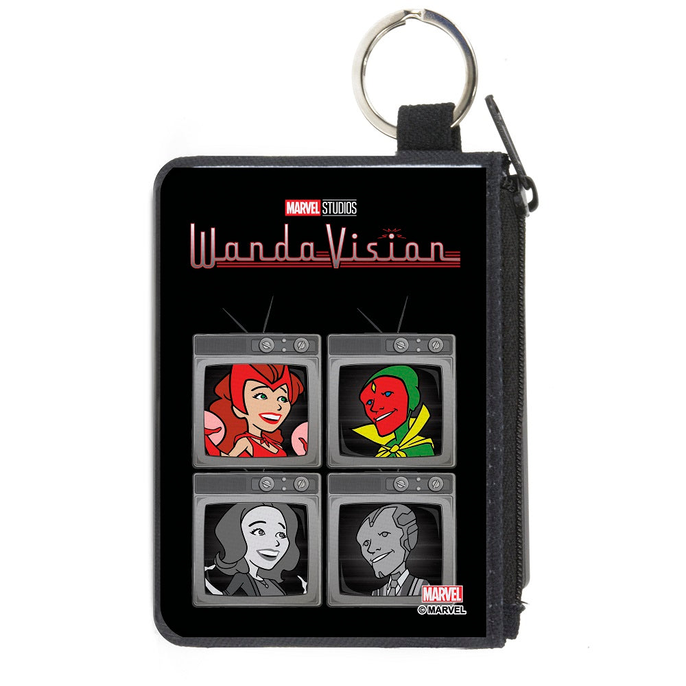 MARVEL WANDAVISION Canvas Zipper Wallet - MINI X-SMALL - WandaVision Cartoon Scarlet Witch and Vision with Wanda and Vision Television Blocks Black Grays Full Color