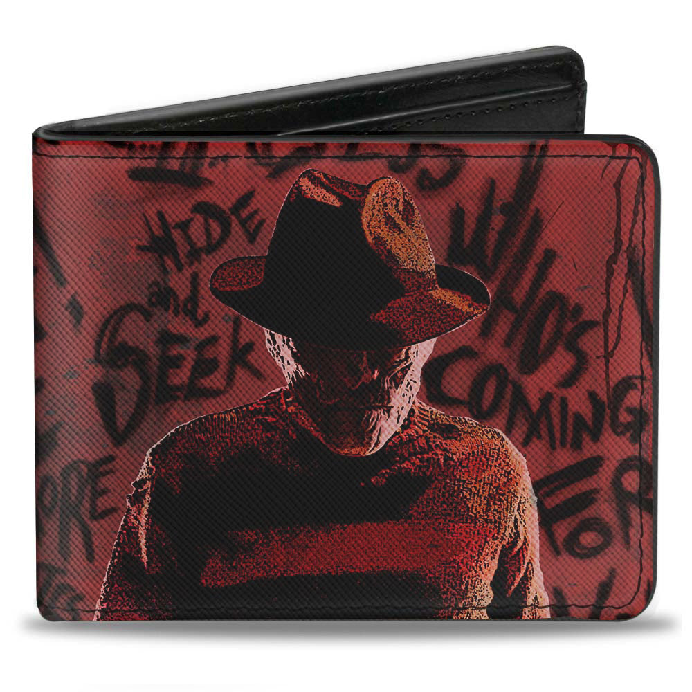 Bi-Fold Wallet - Freddy Pose2 + Hand Scratching Quote Scrawls Reds Black