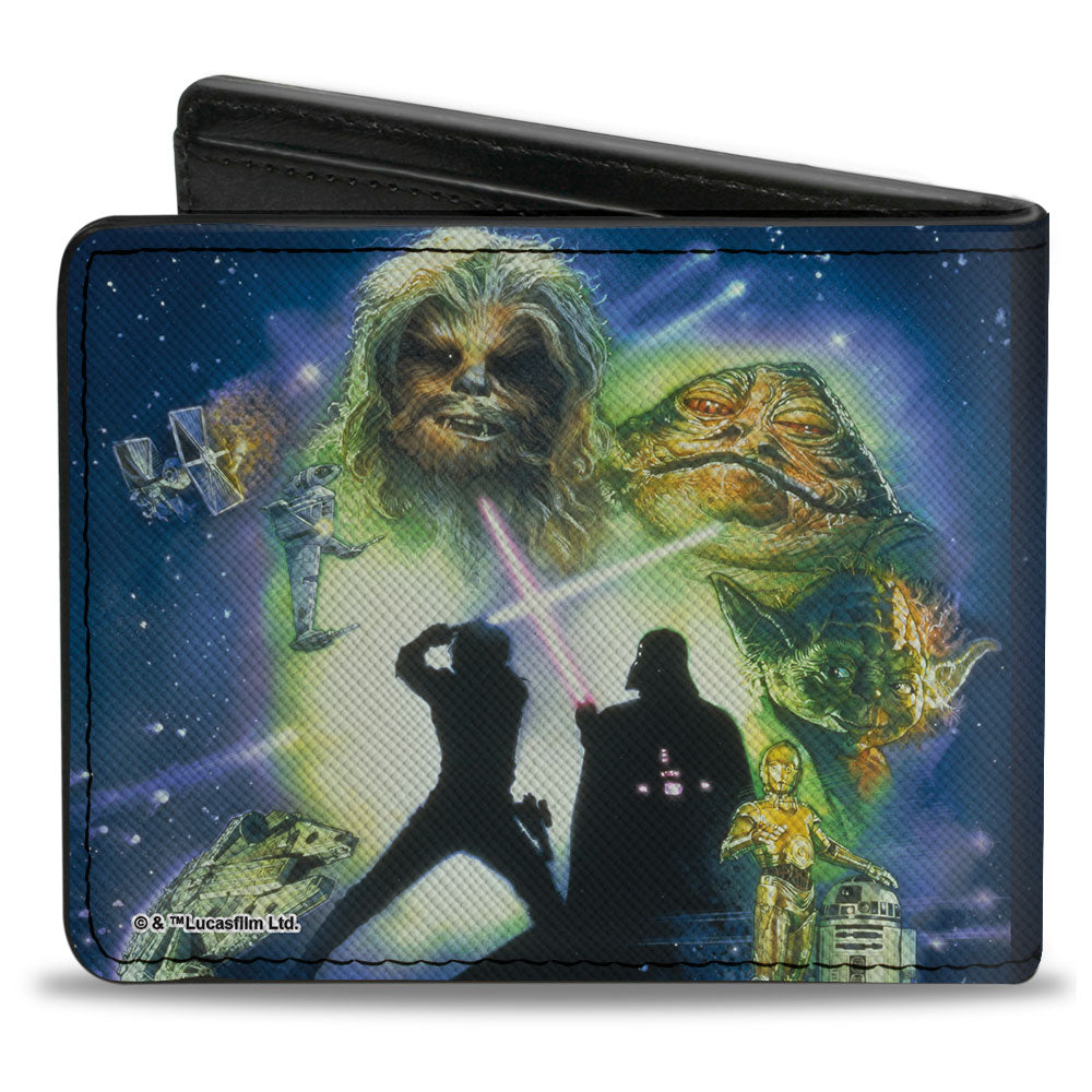 Bi-Fold Wallet - Star Wars Luke Holding Lightsaber + Character Collage Blues