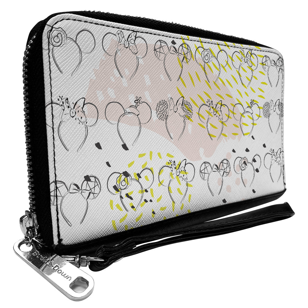 Women&#39;s PU Zip Around Wallet Rectangle - Minnie Mouse Ears Sketches White Pinks Grays