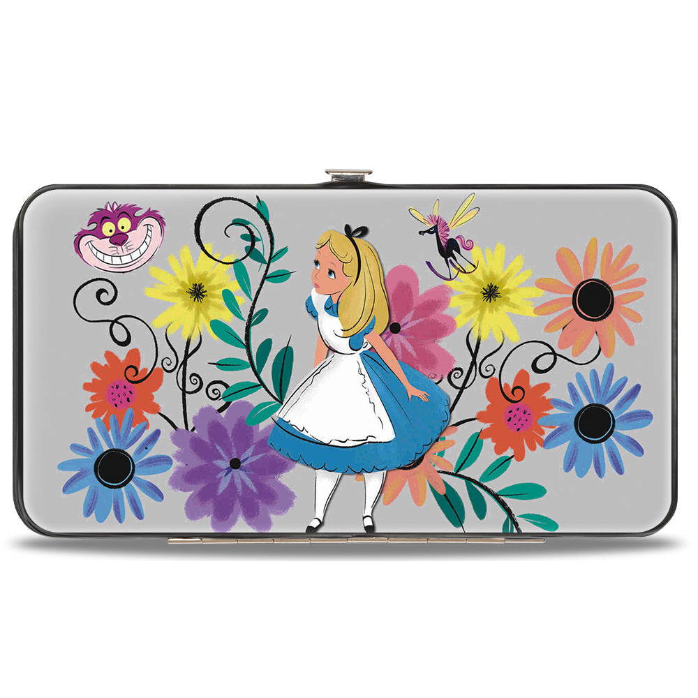 Hinged Wallet - Alice Pose Cheshire Cat Face Flowers of Wonderland + Flower Trio Gray Multi Color