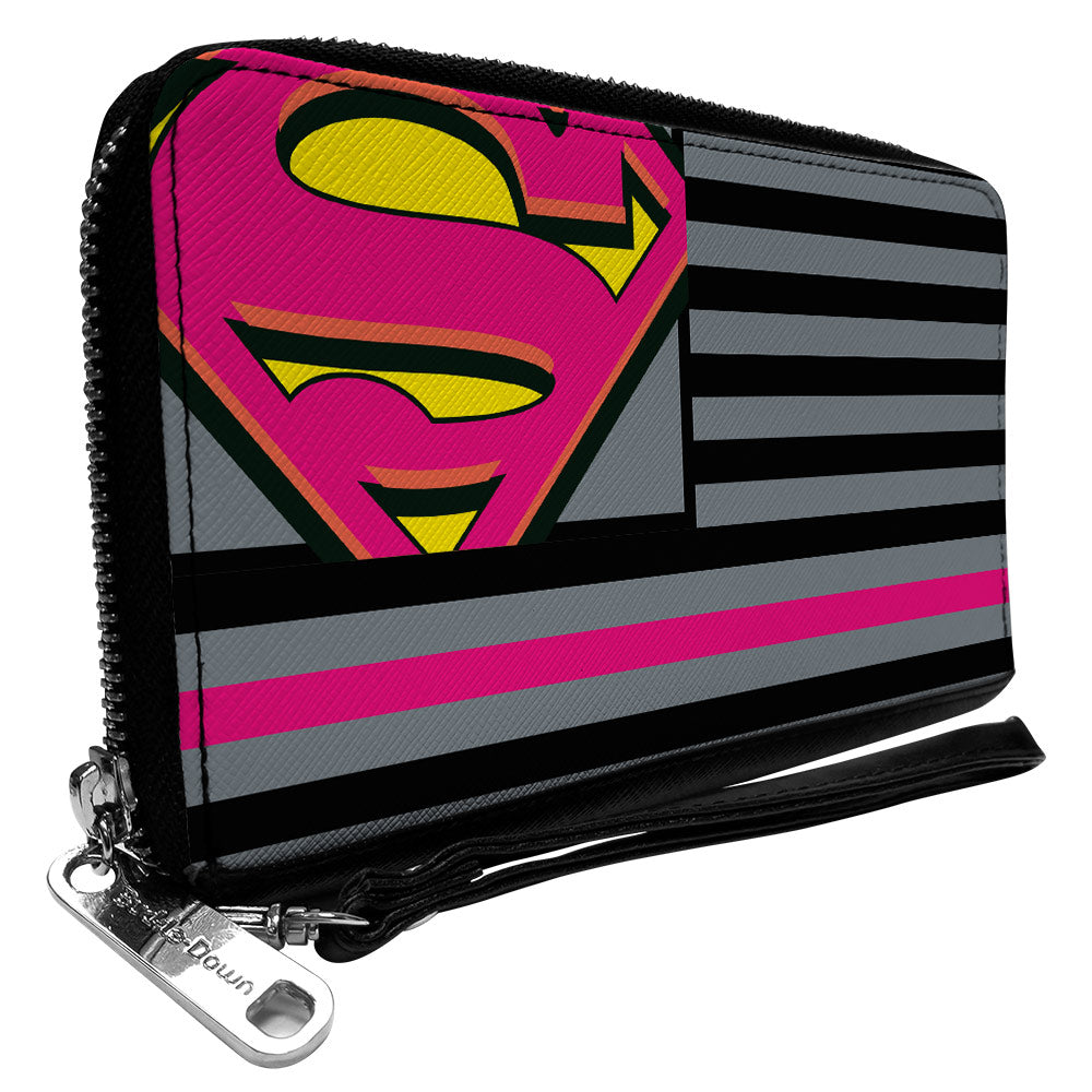 Women&#39;s PU Zip Around Wallet Rectangle - Superman Shield Americana Stripes Gray Black Pinks Yellow