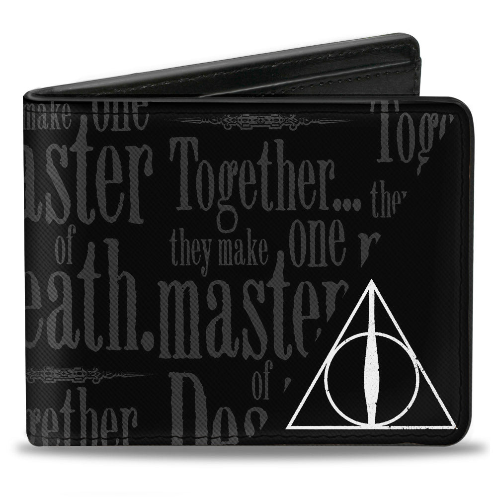 Bi-Fold Wallet - TOGETHER...THEY MAKE ONE MASTER OF DEATH. Deathly Hallows Symbol + HP Logo Black Grays White
