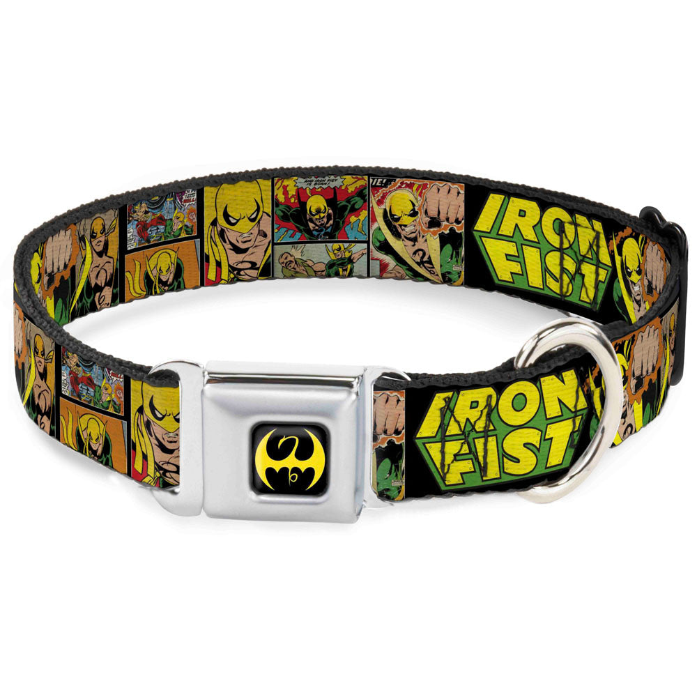 Iron Fist Dragon Logo Full Color Black/Yellow Seatbelt Buckle Collar - Retro IRON FIST Action Pose/Comic Scene Blocks Black/Green/Yellow