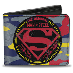 Bi-Fold Wallet - Superman THE ORIGINAL MAN OF STEEL Badge Camo Gray Red Yellow Blue