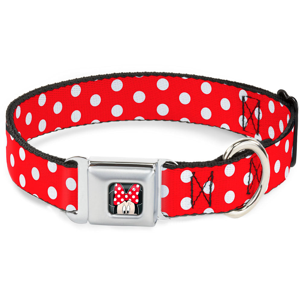 Minnie Mouse w Bow CLOSE-UP Full Color Black Red White Seatbelt Buckle Collar - Minnie Mouse Polka Dots Red/White