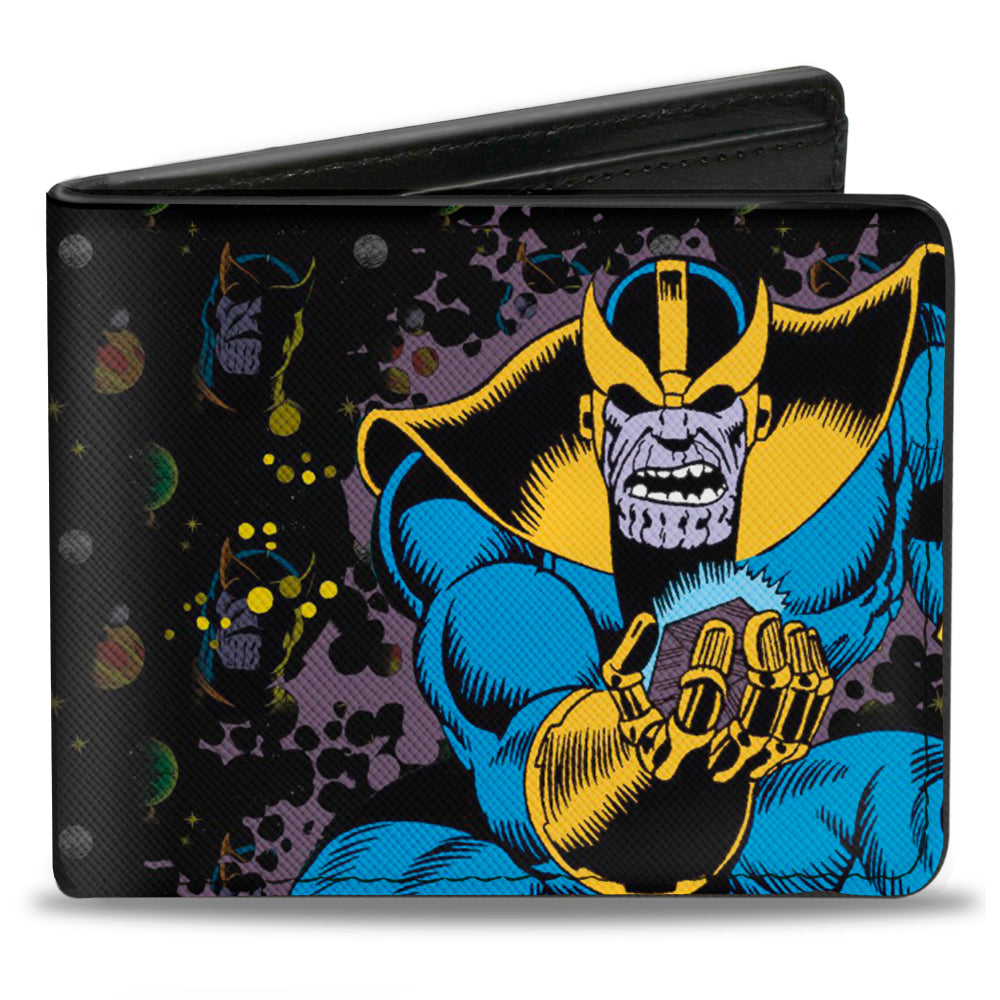 MARVEL COMICS Bi-Fold Wallet - Thanos Holding Cosmic Cube Pose + Text Logo Face Planets Black Multi Color Yellow