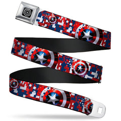 MARVEL AVENGERS Captain America Shield Black Silver Seatbelt Belt - Captain America Shield Digital Camo Blue/White/Red Webbing