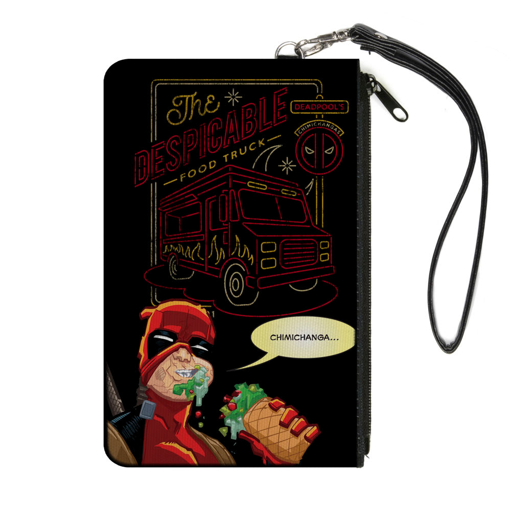 MARVEL DEADPOOL Canvas Zipper Wallet - SMALL - Deadpool THE DESPICABLE FOOD TRUCK Chimichanga Pose Black Red Yellow