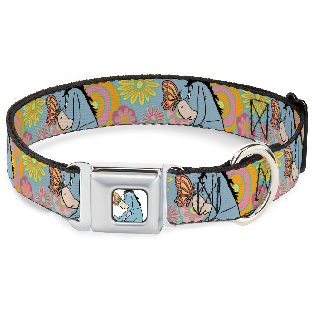 Winnie the Pooh Eeyore Butterfly Pose Full Color White Seatbelt Buckle Collar - Winnie the Pooh Eeyore Butterfly Pose Floral Collage Blue/Pinks/Yellows