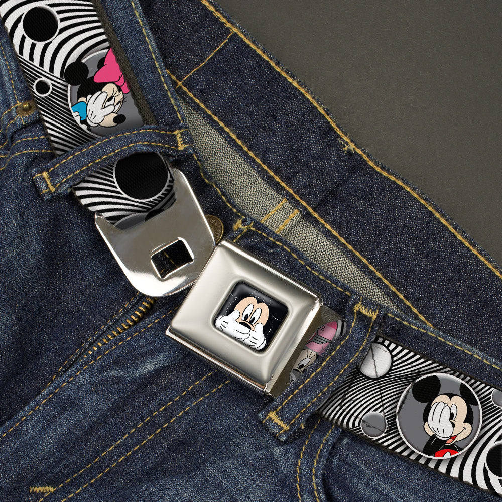 Mickey Mouse Expression3 Full Color Black Seatbelt Belt - Mickey & Minnie Peek-a-Boo Expressions Swirl Black/White Webbing