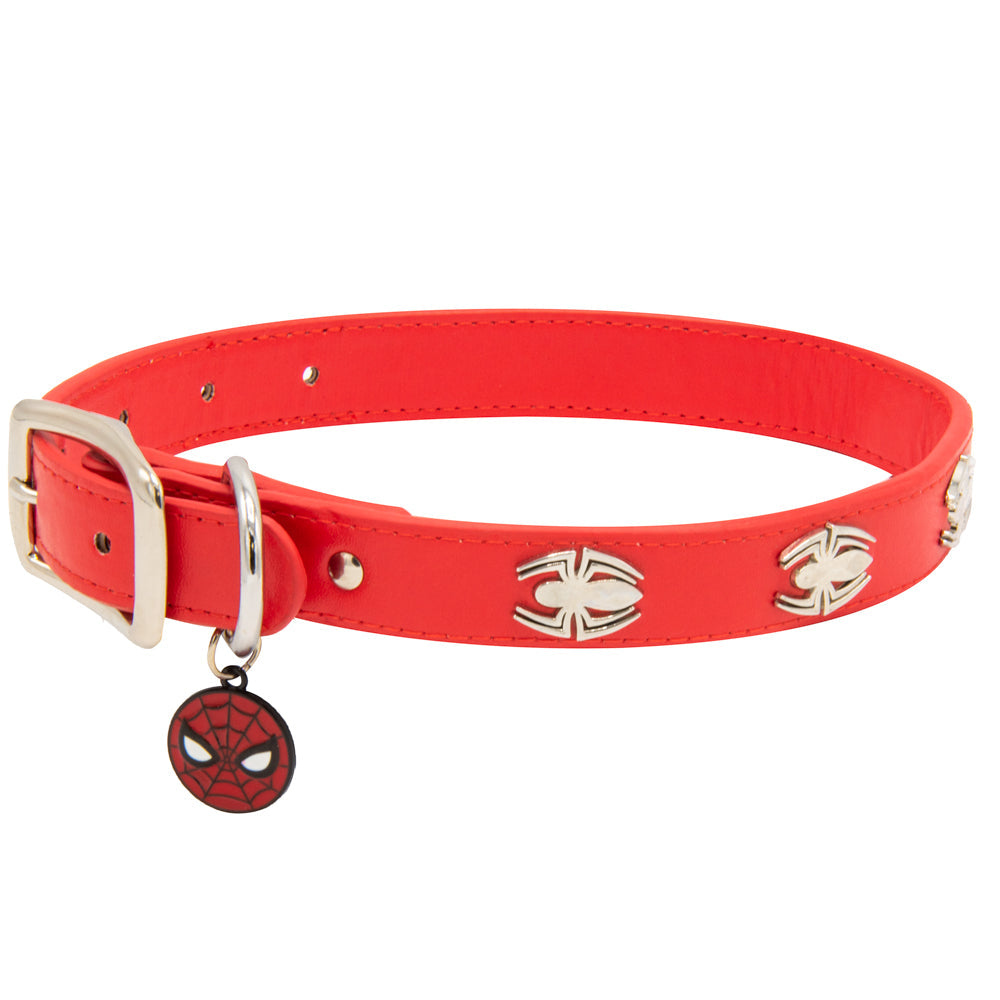 Vegan Leather Dog Collar - Spider-Man Red with Spider Embellishments &amp; Metal Charm